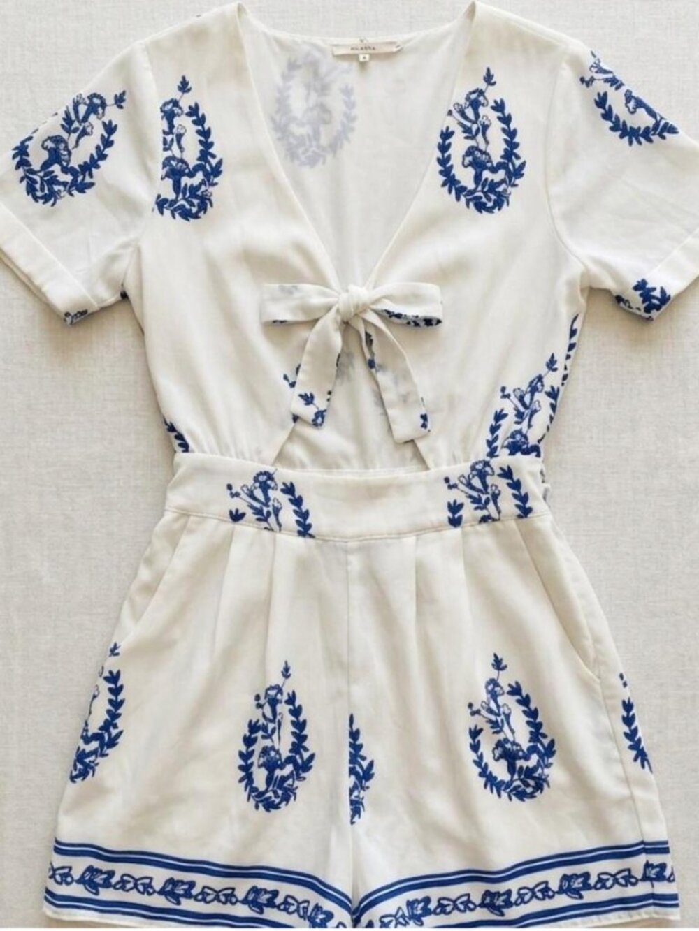 Tularosa x Revolve Rowley Romper Blue Medallion Embroidered Tie Front XS